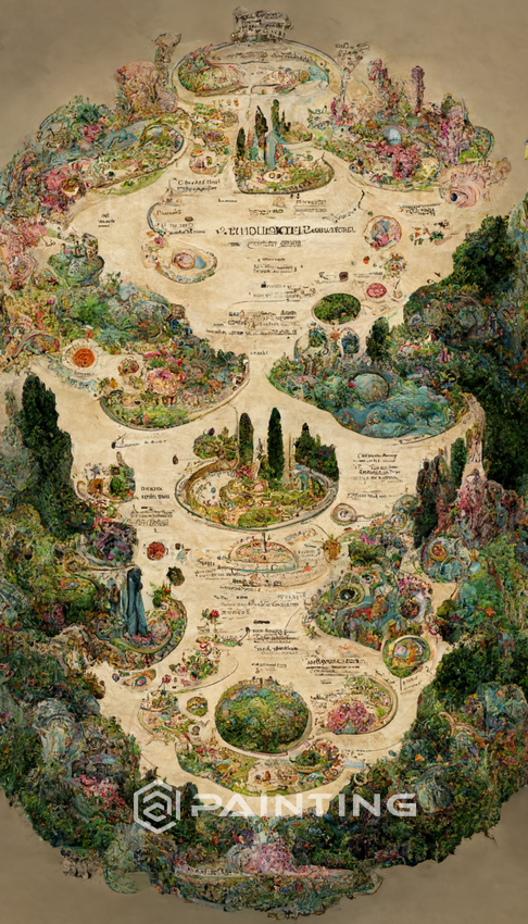 An extremely detailed, + labeled, davinci style, exquisite cartography map of heaven and the garden 