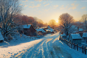 唯美雪景,雪地和树木,下雪的农村,乡村大雪,山村雪景